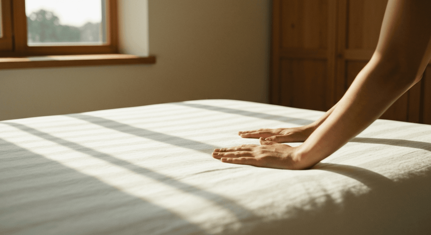 Mains lissant un drap de lin sur un lit, lumière du matin traversant la chambre