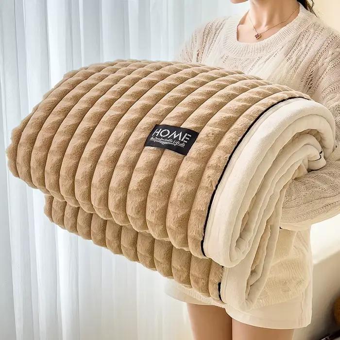 Couverture de luxe Double couche en fausse fourrure de lapin, douce et chaude, rayée blanche, pour b