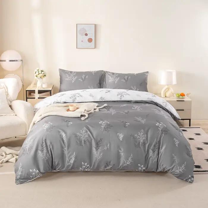 Ensemble de housse de couette imprimée de brindilles botaniques sauvages, gris, réversible, à la mod