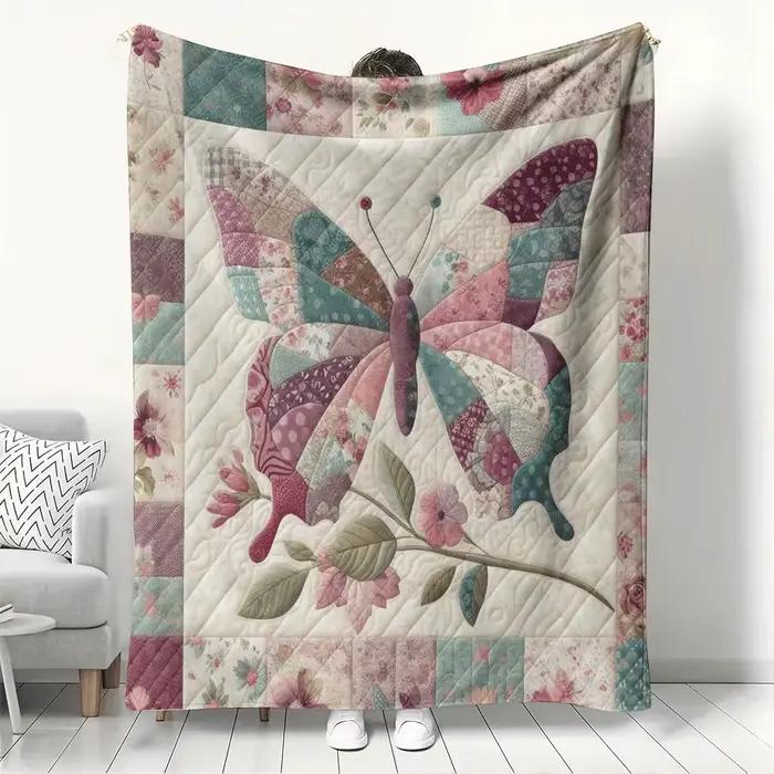 Couverture papillon Vintage en Patchwork, matelassée florale, douce et confortable, pour canapé-lit,