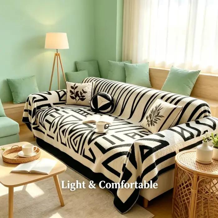 Couverture en peluche douce noire et blanche style bohème 180×230cm, housse de canapé antidérapante,