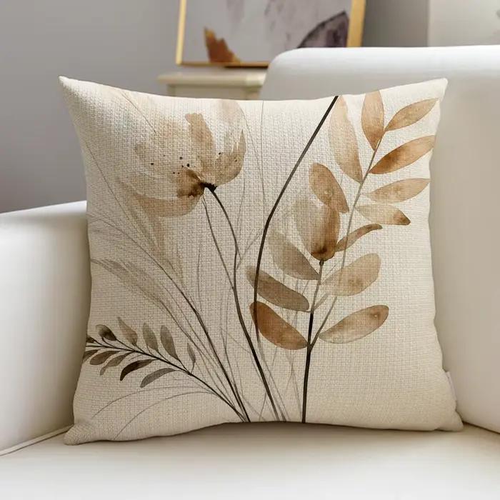 Housse de coussin beige Minimal Blooms, 4 pièces, housses de coussin en lin, 40x40 45x45, décoration