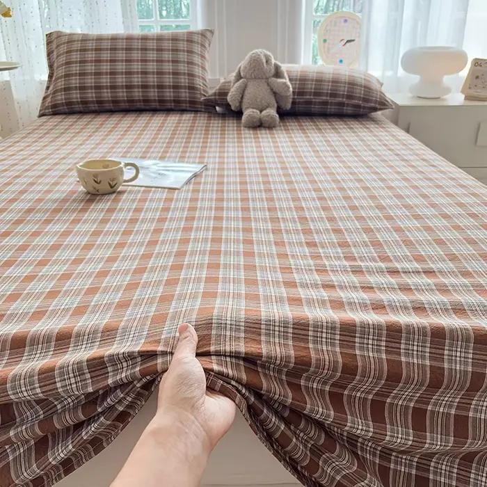 Drap plat en coton 100% teint en fil, à carreaux lavés, style rétro, doux et respirant, résistant au