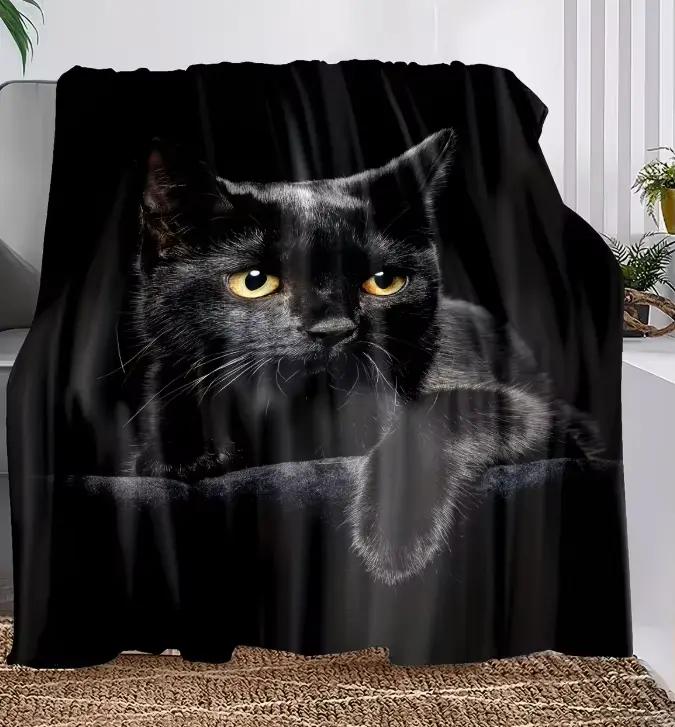 Couverture en flanelle noire à imprimé chat, super douce et ultra confortable - Plaid pour la chaleu