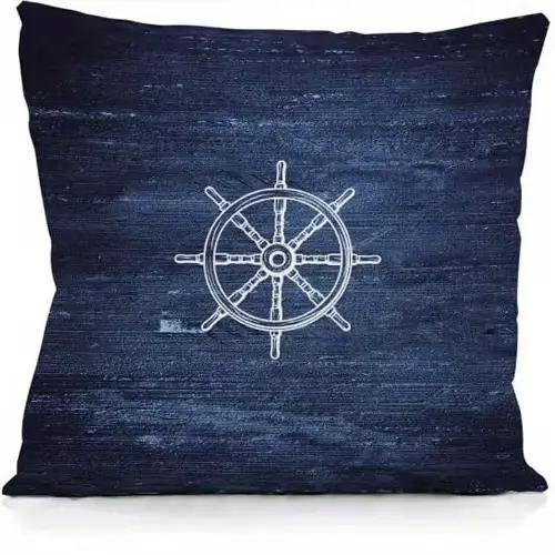 Housse de coussin imprimée double face à motif nautique bleu marine, en peluche courte, convient aux