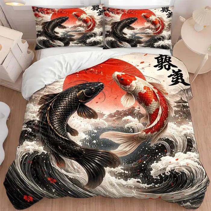 Ensemble de housse de couette à motif vague Koi de style japonais, 3 pièces (1 housse de couette + 2