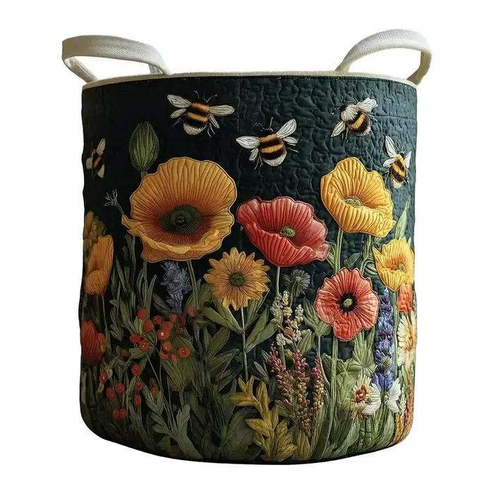 Panier à linge matelassé floral bohème, grand bac de rangement pour vêtements en tissu avec poignées