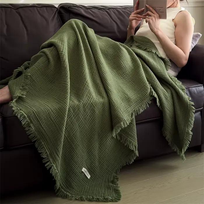 Plaid en tricot épais avec décorations à pompons pour canapé, luxe, 100% coton, couverture en gaze q