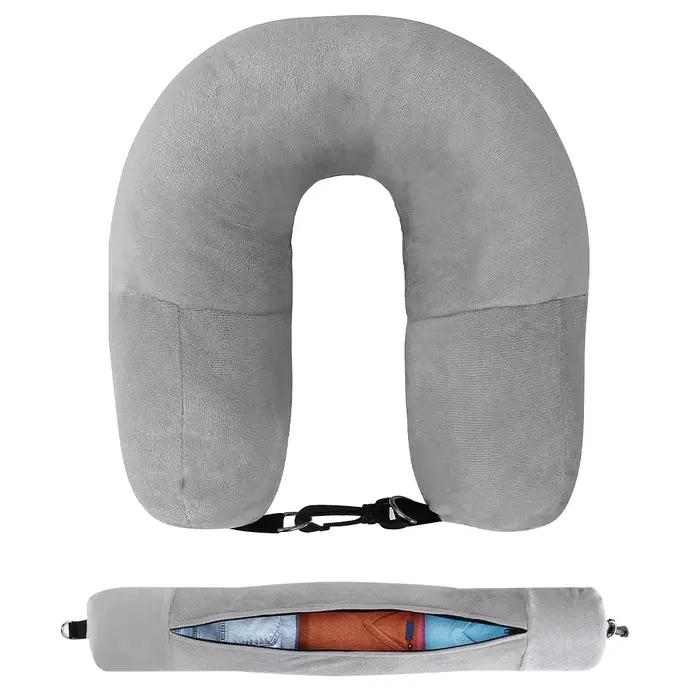 "Coussin cervical de voyage rechargeable en forme de U avec housse en velours – Support en mousse à 
