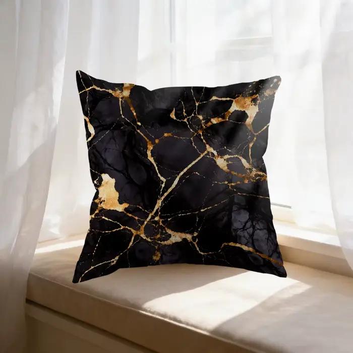 Coussin carré décoratif à motif marbré noir et or pour salon, chambre à coucher, ou siège de fenêtre