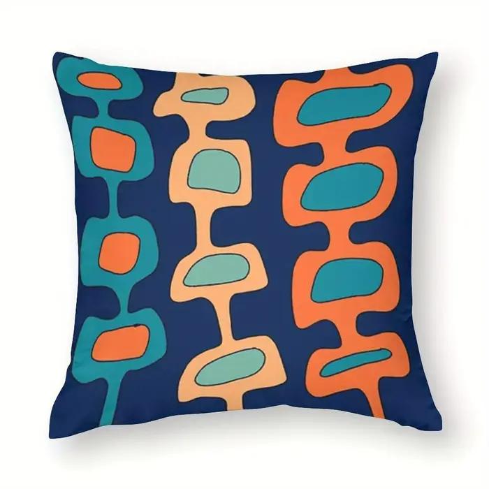 Housse de coussin motif abstrait style années 70, bleu sarcelle, orange, bleu, polyester lisse, ferm