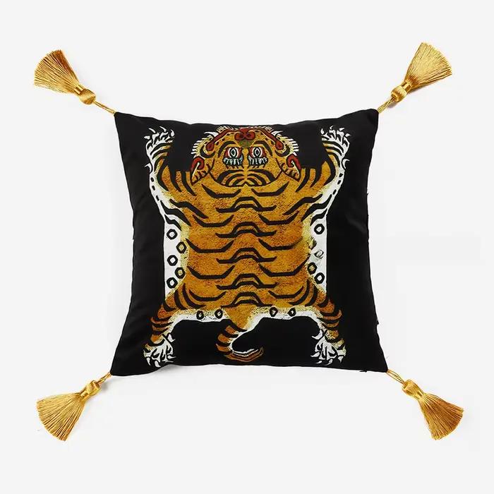 Housse de coussin décorative en velours noir 18x18, motif tigre brodé, style rétro, douce, moderne e