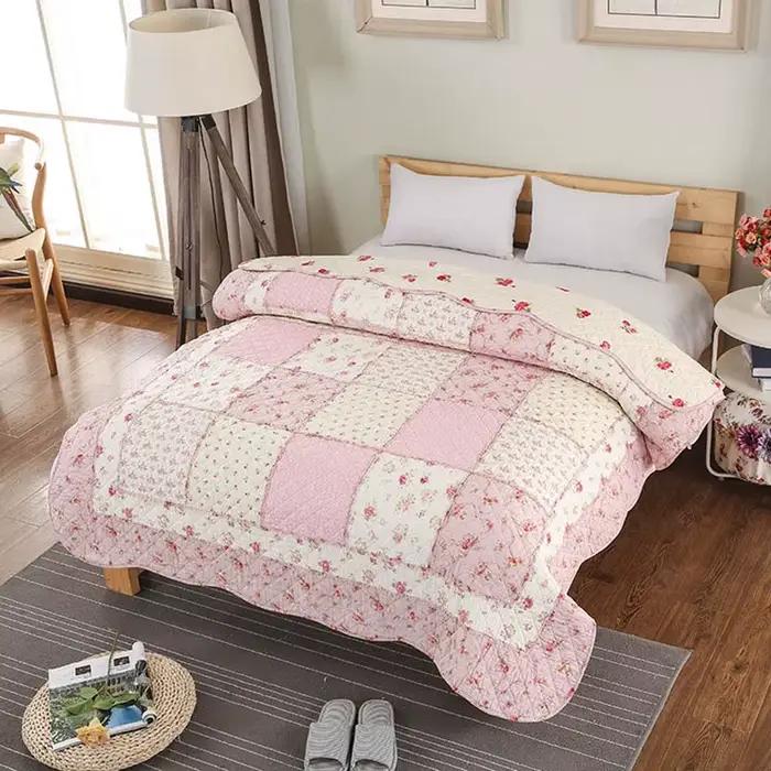 Couette en patchwork floral rose – Couverture réversible 100% coton pour canapé de lit, couvre-lit l