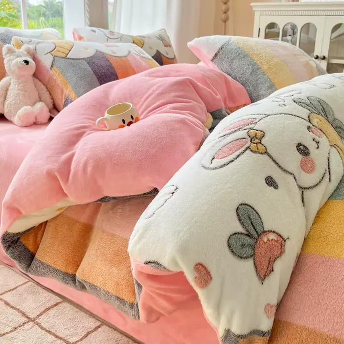 Housse de couette en flanelle imprimée lapin de dessin animé mignon 1 pièce – literie en peluche ult