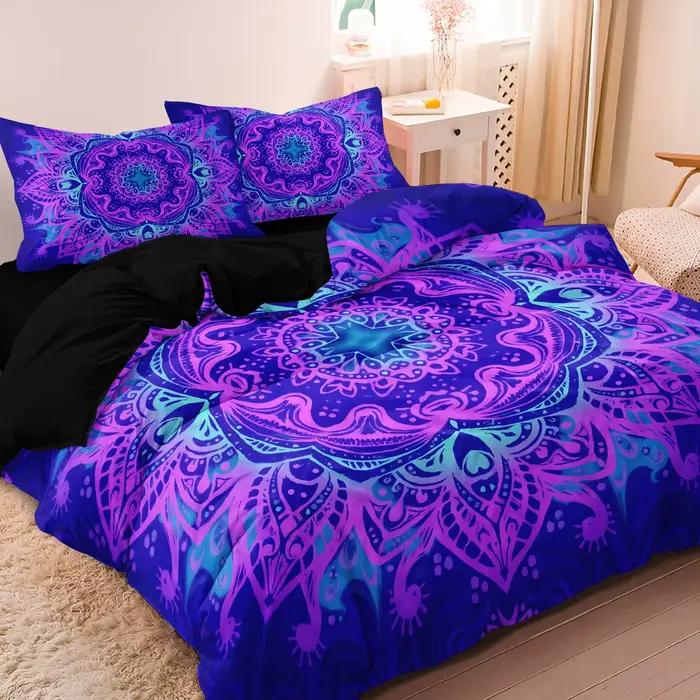 Ensemble de housse de couette Mandala à dégradé violet bleu vibrant, 3 pièces, grande literie à moti
