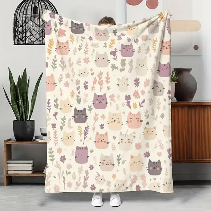 Couverture en polaire douce à imprimé floral chat kawaii pastel, 1 pièce, pour la décoration de la c