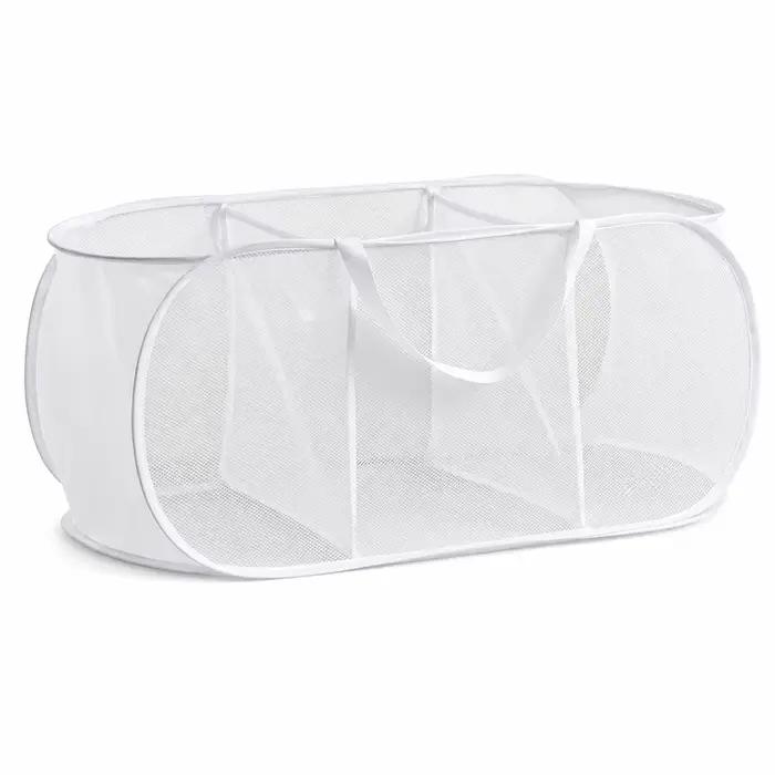 Panier à linge à 3 sections, panier à linge en maille, panier à linge en polyester avec poignées pou