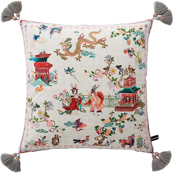 Housse de coussin rose en velours avec motif cheval et roses, avec pompons, rétro, double face, pour