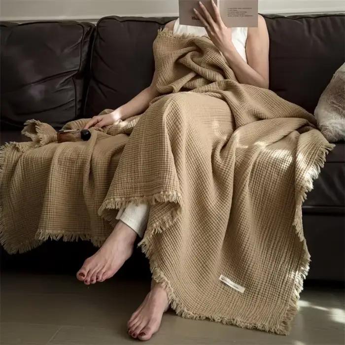 Couverture tricotée à franges de classe A, en pur coton, gaze à six couches, châle 100 coton, couver