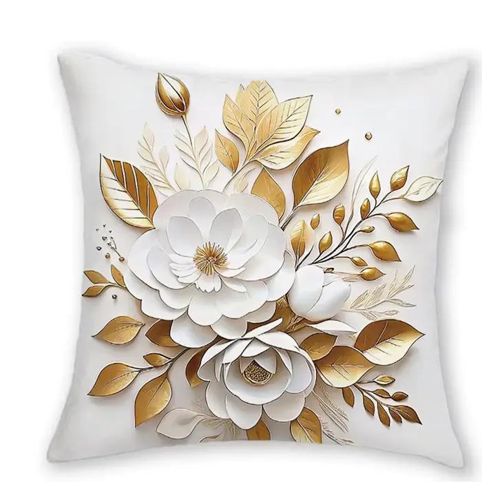 Housse de coussin florale élégante en or et blanc, douce et confortable, décoration de chambre à cou