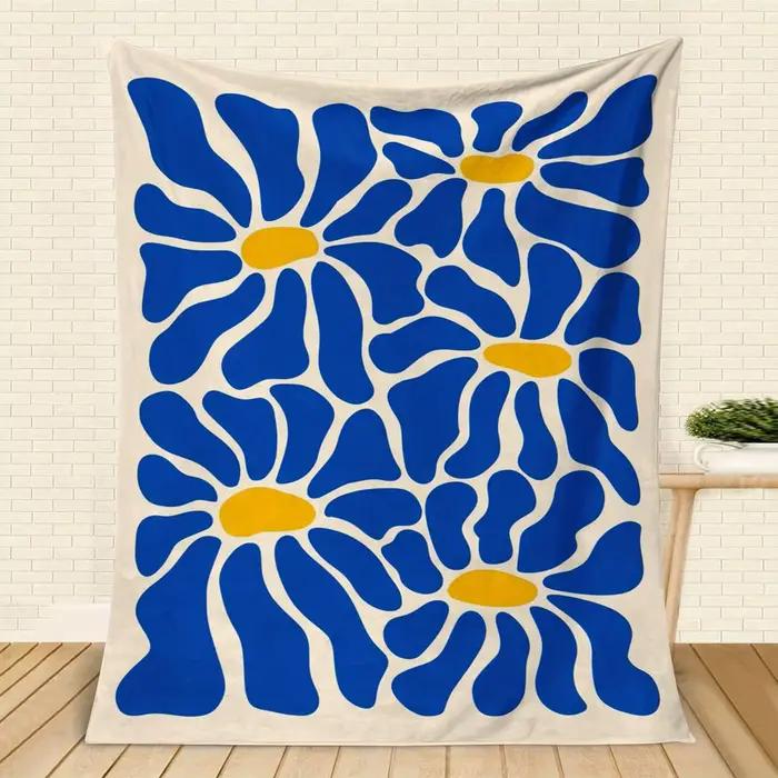 Grande couverture en flanelle florale rétro - Abstract bleu et jaune |   Doux et confortable lavable