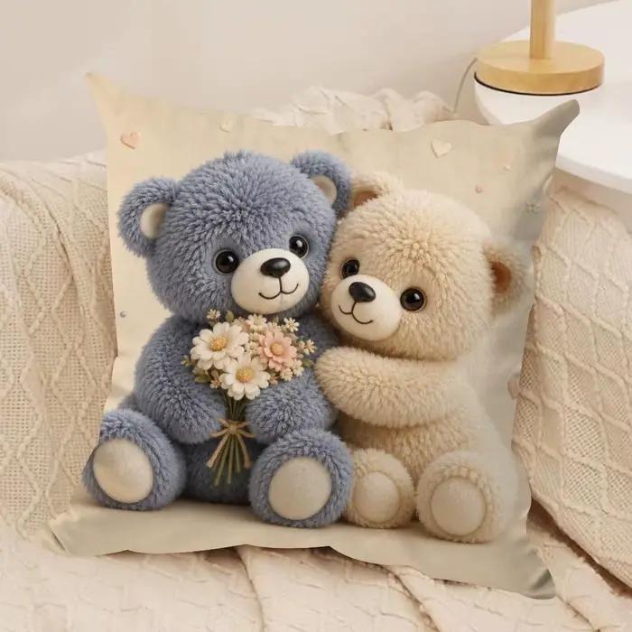 Housse de coussin décorative Ourson en peluche courte, carrée, pour canapé, décoration intérieure, c