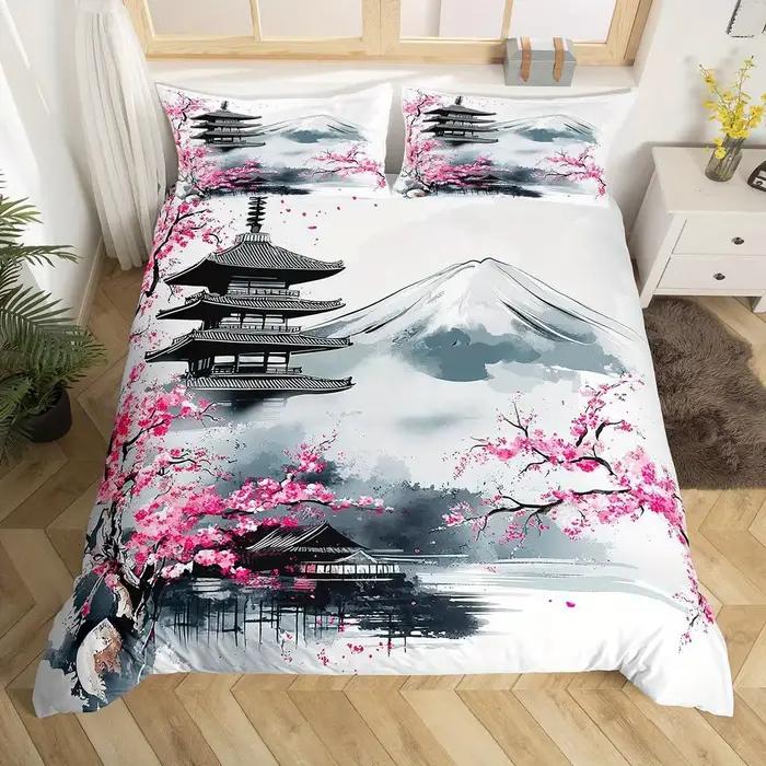 2/3 pièces japonais Fuji montagne ensemble de literie rose fleur de cerisier Chureito pagode literie