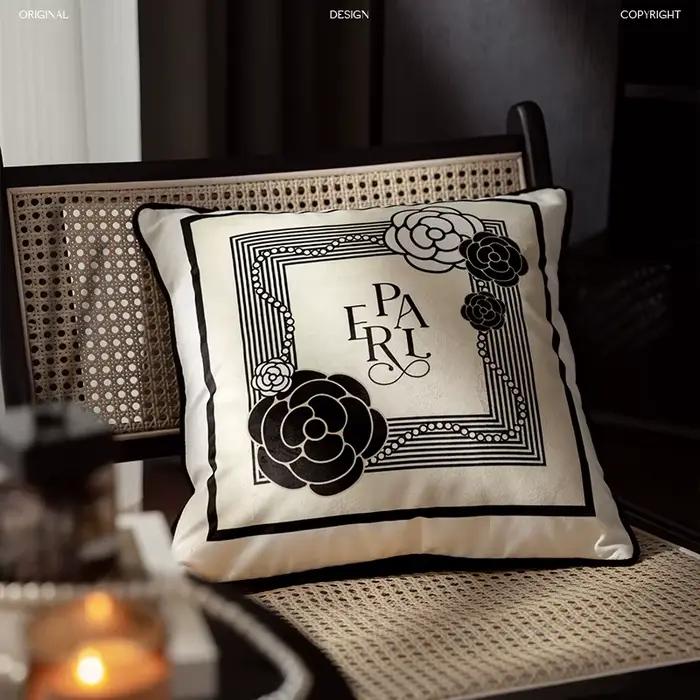 Housse de coussin style campagne française, taie d'oreiller décorative en velours, vintage pour chambre à coucher, canapé, salon, chaise, noir, blanc, 45