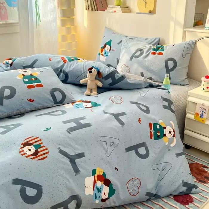 Parure de lit 4 pièces 100% coton (1 housse de couette 2 taies d'oreiller 1 drap)