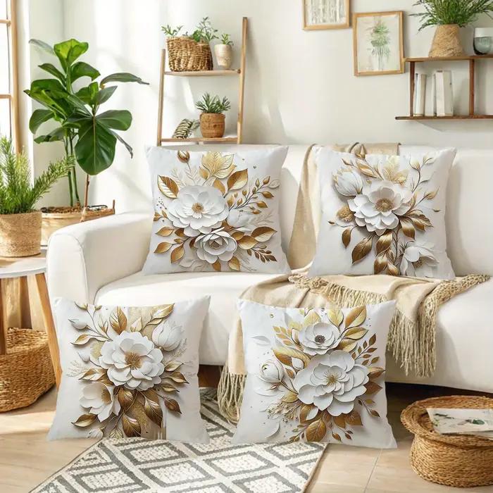 Housse de coussin florale élégante en or et blanc