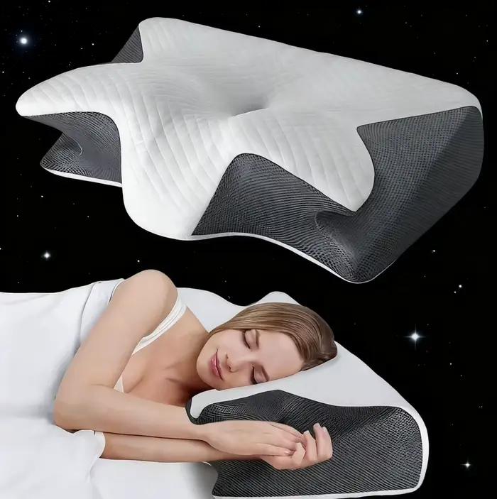 Oreiller ergonomique contourné 2-en-1 – Nouveau design en forme de corne pour dormeurs sur le côté, le dos ou le ventre, relaxation des épaules et soutien doux et ferme