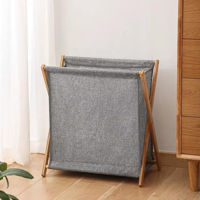 Panier à linge pliable pour salle de bain avec cadre en bois