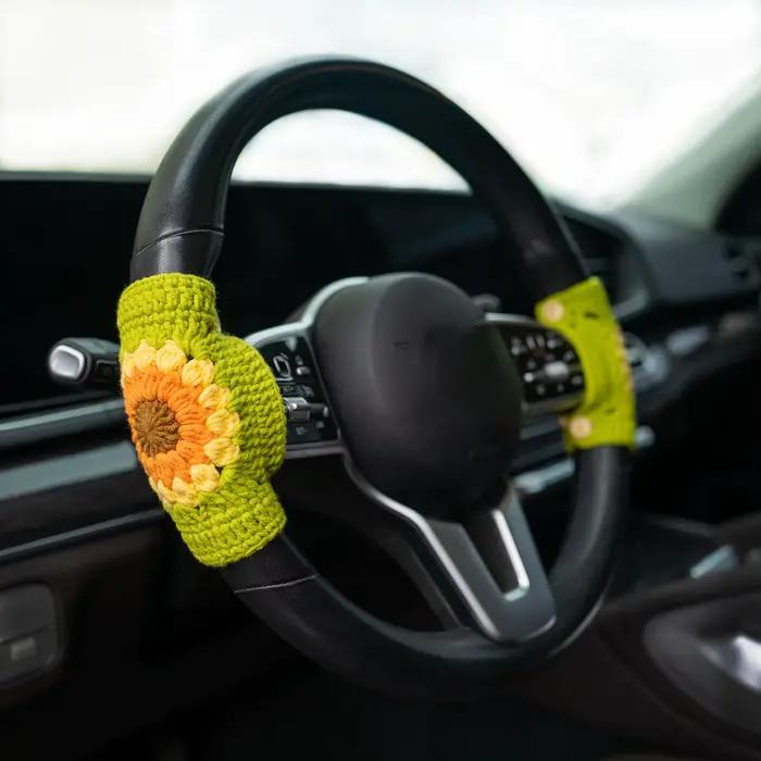 Housse de volant au crochet faite à la main en tissu vert au crochet, douce et tricotée, accessoires intérieurs de voiture, décoration de volant mignonne pour femmes