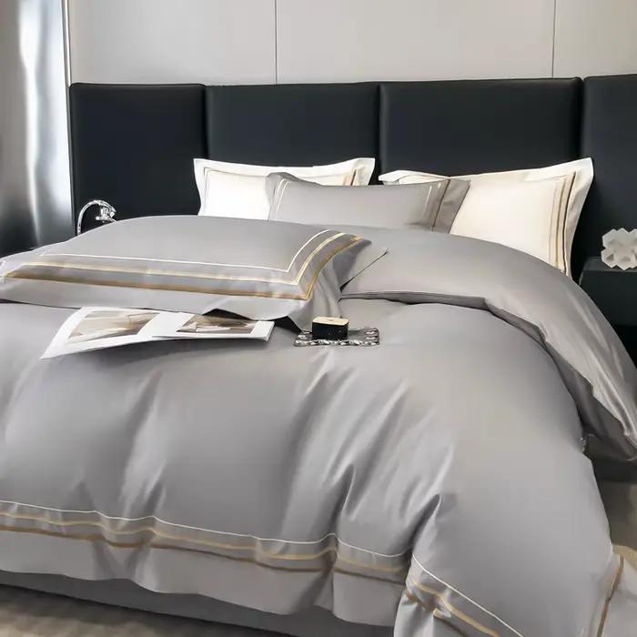 Parure de lit de Style hôtel, ensemble de literie de luxe avec broderie dorée, housse de couette, draps en coton égyptien gris, taies d'oreiller, vêtements de literie de couleur unie
