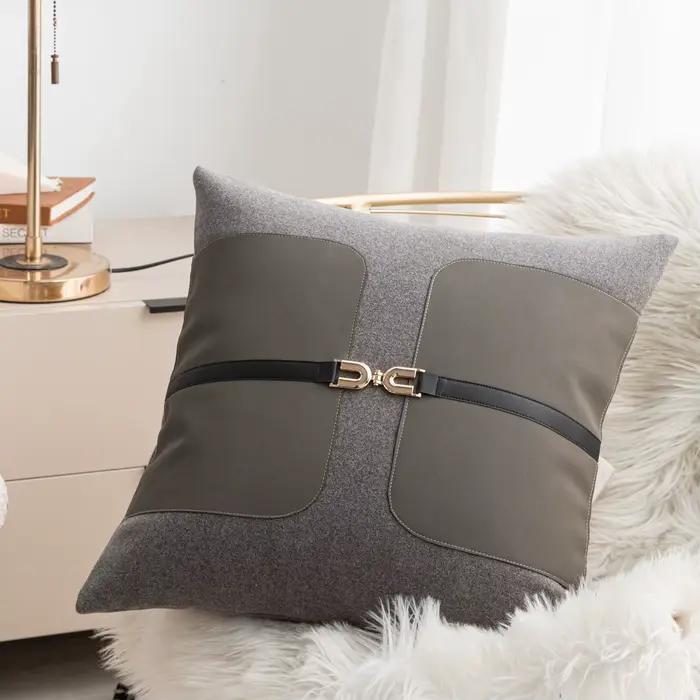 Taie d'oreiller en cuir PU pied-de-poule gris