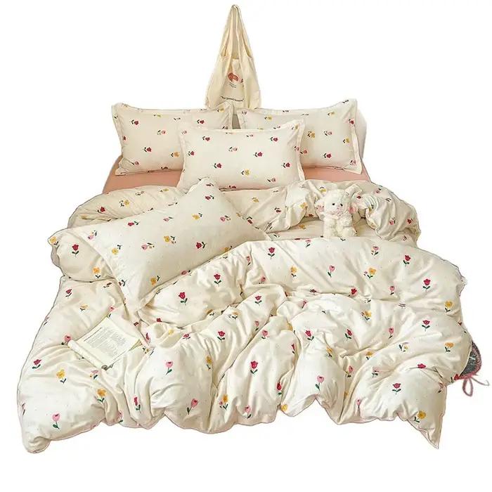 Parure de lit 4 pièces en coton lavable pour 2 chambres, ensemble simple 3 pièces avec drap, couette et taies d'oreiller pour dortoir étudiant