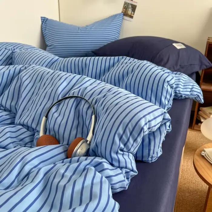 Ensemble de literie INS Style à rayures bleues, housse de couette, taie d'oreiller avec drap de lit, vêtements de maison, ensembles de draps pour chambre de garçons et filles