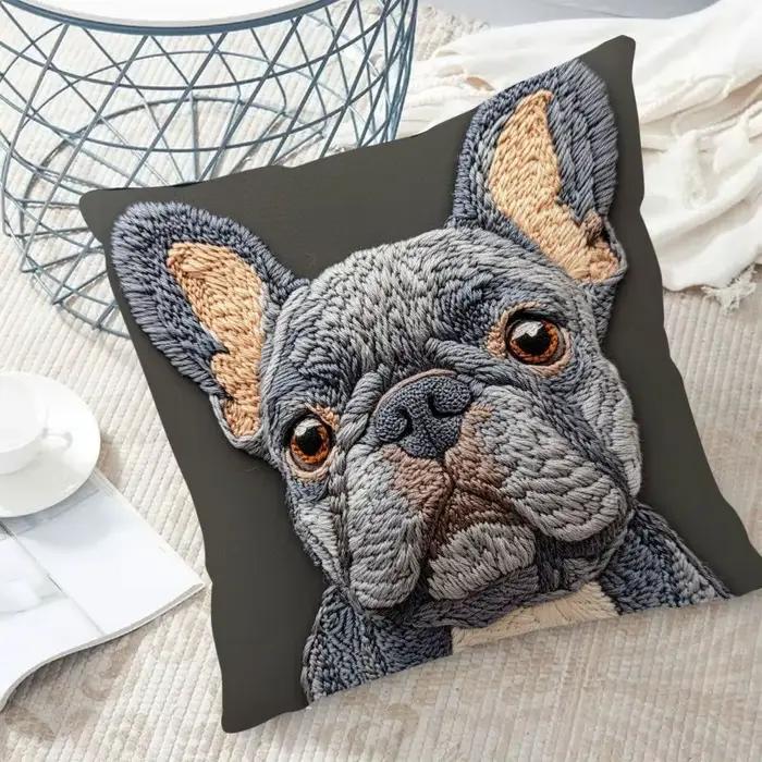 Housse de coussin à impression plate 2D bouledogue français : magie de broderie non réelle!