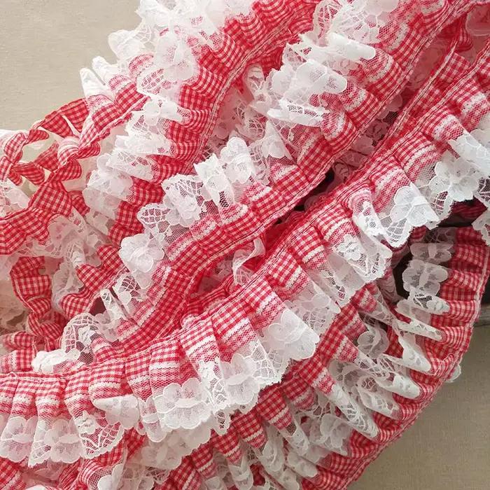 5CM de large nouveau rouge blanc Plaid plissé dentelle 3d fleurs ruban brodé à volants garniture bricolage vêtements cheveux accessoires couture à la maison