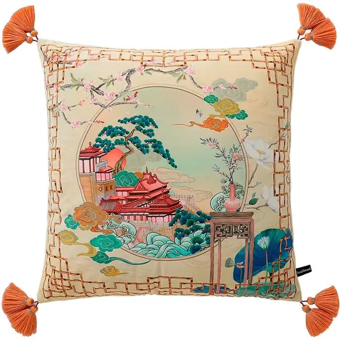 Housse de coussin rose en velours avec motif cheval et roses