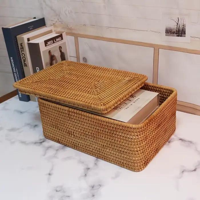 Mir à linge en rotin tissé à la main avec couvercle, grands vêtements, nettoyage à sec, rangement pour documents primaires, fournitures pour la maison