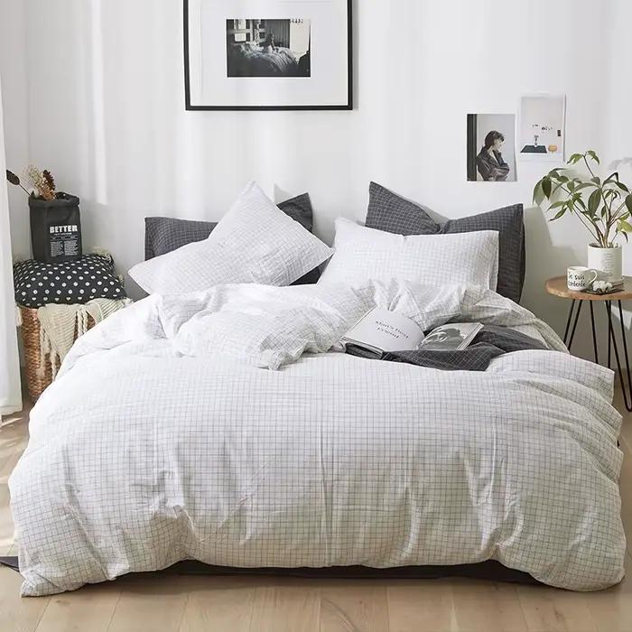 AHSNME – housse de couette 100% coton, ensemble de haute qualité, à carreaux blancs, Plus taie d'oreiller