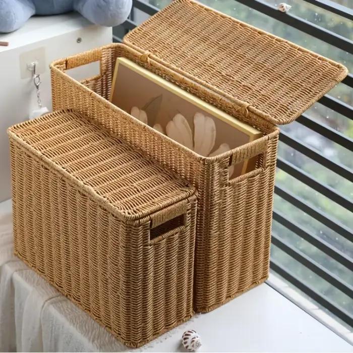 Panier de rangement en rotin tressé rectangulaire, panier à linge, porte-revues, organisateur, décoration bohème pour chambre et salon