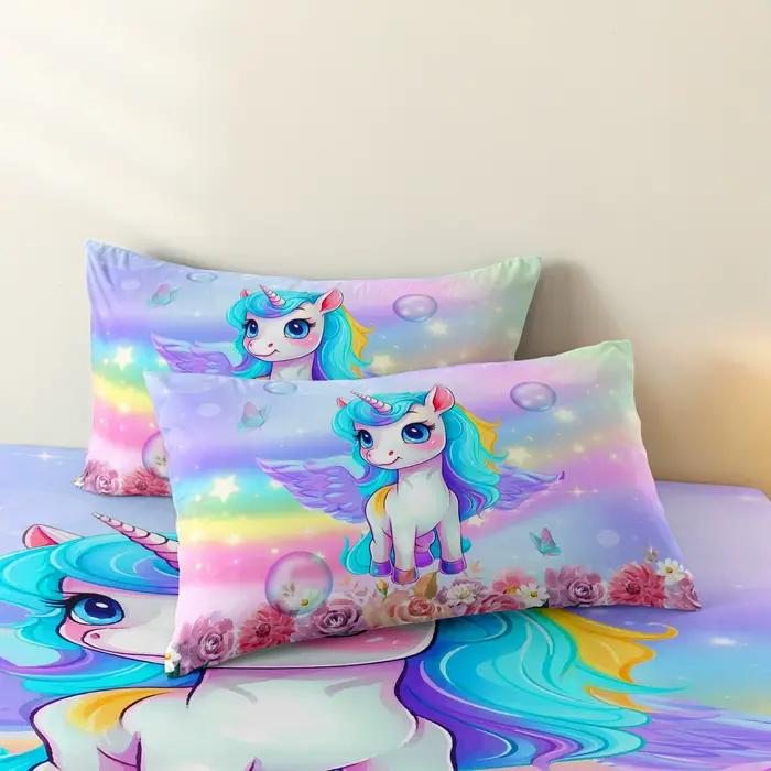Ensemble de 3 pièces de housse de couette imprimée licorne rose et violette