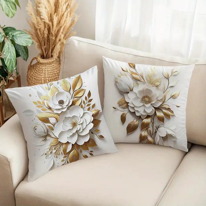 Housse de coussin florale élégante en or et blanc
