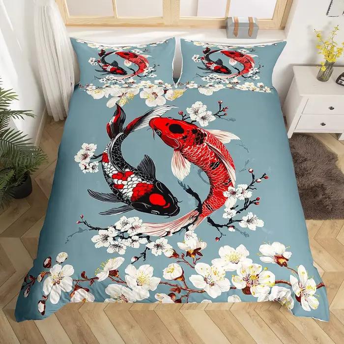 Koi Fish housse de couette pleine reine japonaise fleur de cerisier arbre ensemble de literie Marine Sealife housse de couette pour enfants adolescent chambre décor