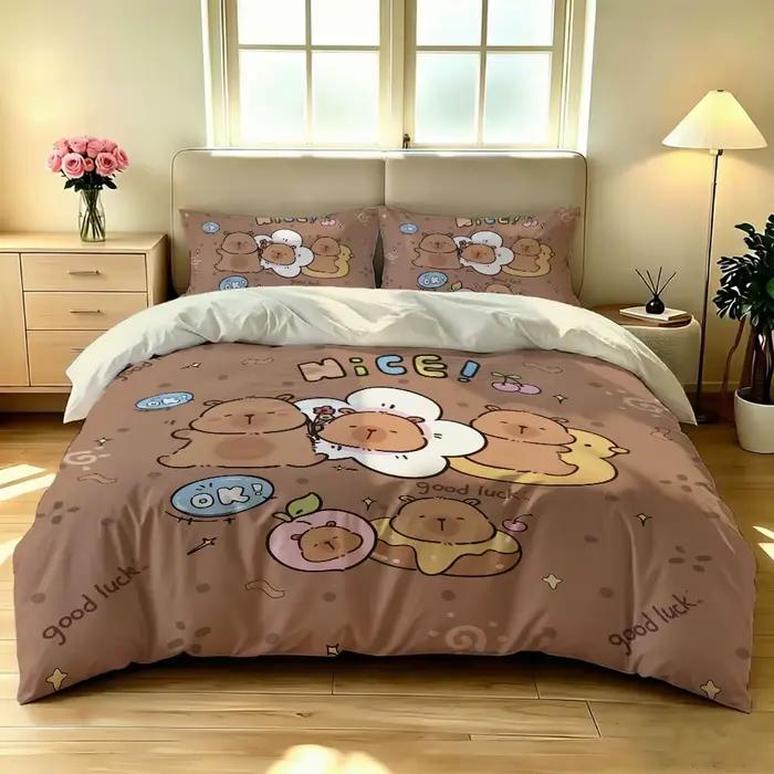 Parure de lit Capybara Duck 3 pièces, motif animalier mignon, avec taies d'oreiller pour chambre d'enfant
