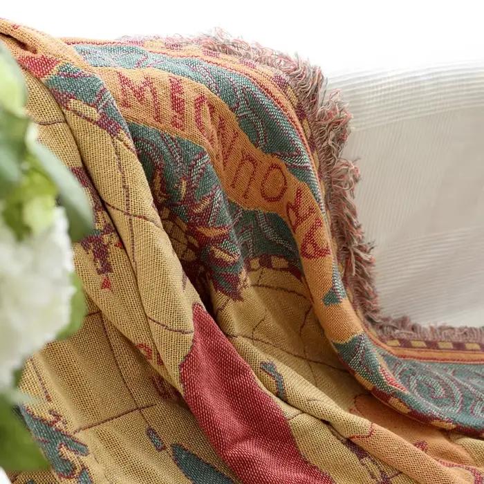 Couverture bohème en coton avec carte du monde pour la maison