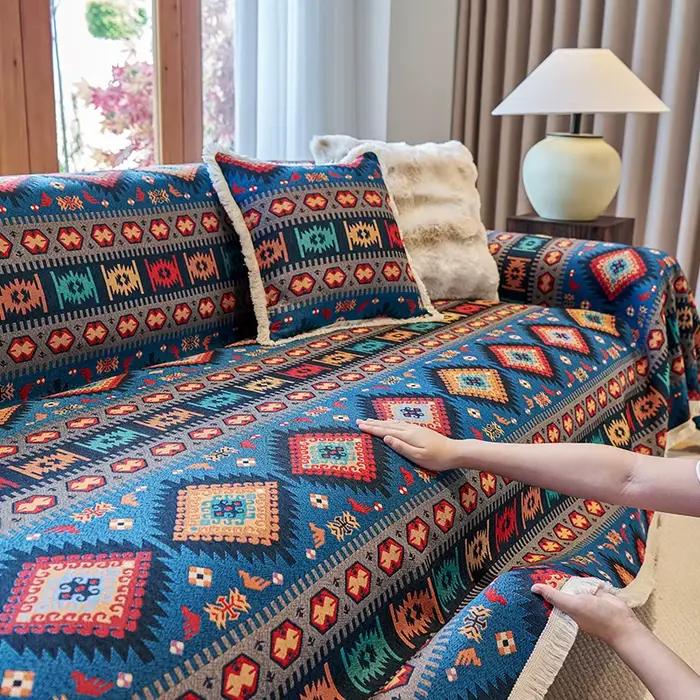 Juste de canapé en coton et lin rétro Boho