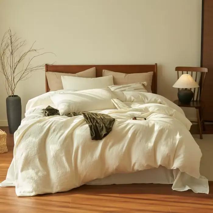 Ensemble de lit quatre pièces en fil de coton pur à trois couches, 100 coton, housse de couette simple, drap de lit, chapeau de lit en trois pièces